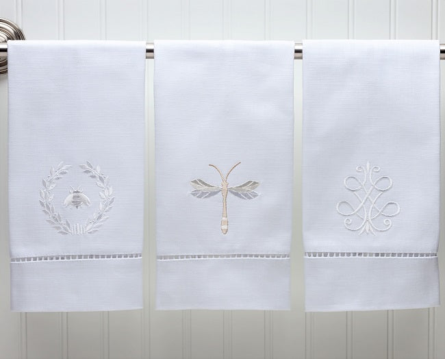 Guest Towel - White Linen/Cotton, Ladder Lace, Embroidered