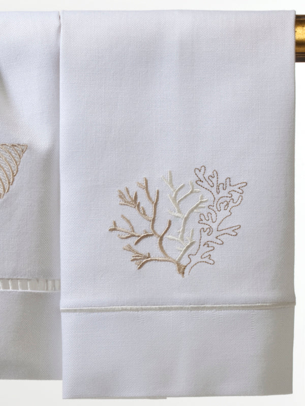 Guest Towel - White Linen/Cotton, Satin Stitch, Embroidered