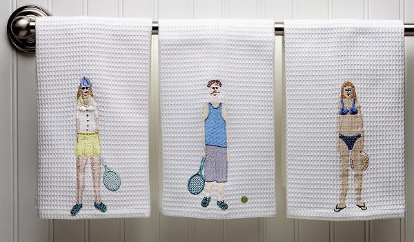 Guest Towel - White Waffle Weave, Embroidered People