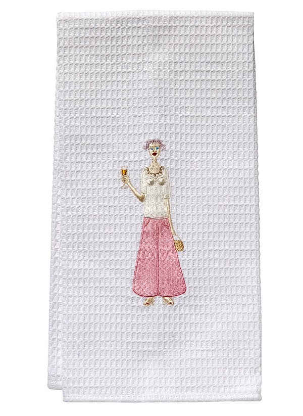 Guest Towel - White Waffle Weave, Embroidered People