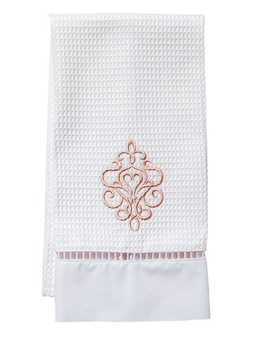 Guest Towel, Ladder Lace, Embroidered Scrolls
