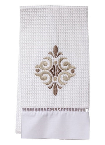 Guest Towel, Ladder Lace, Embroidered Scrolls