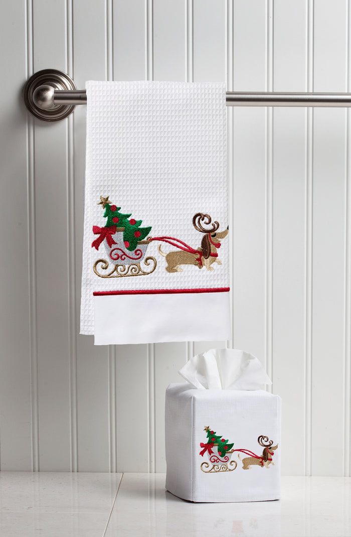 Guest Towel, Waffle Weave and Satin Trim, Christmas Tree