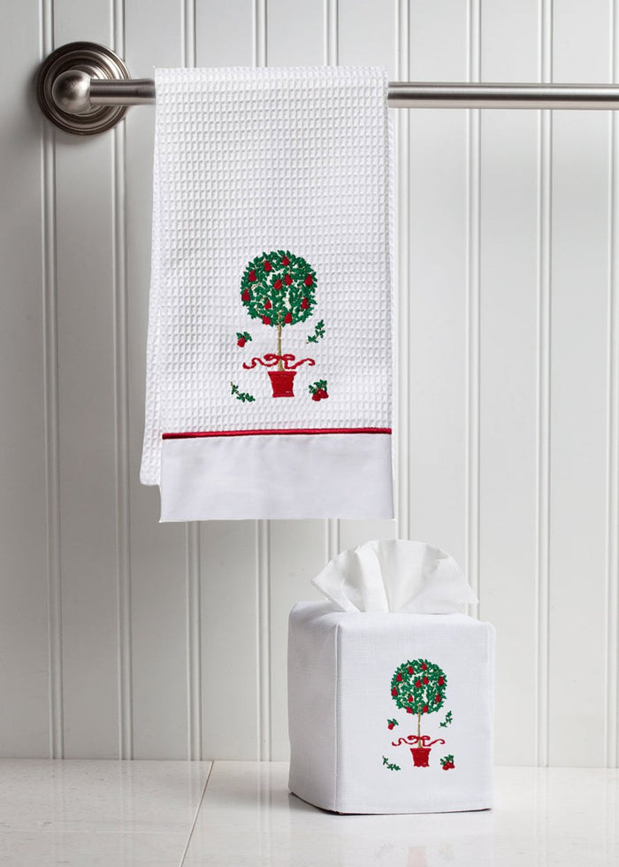 Guest Towel, Waffle Weave and Satin Trim, Pear Topiary Tree