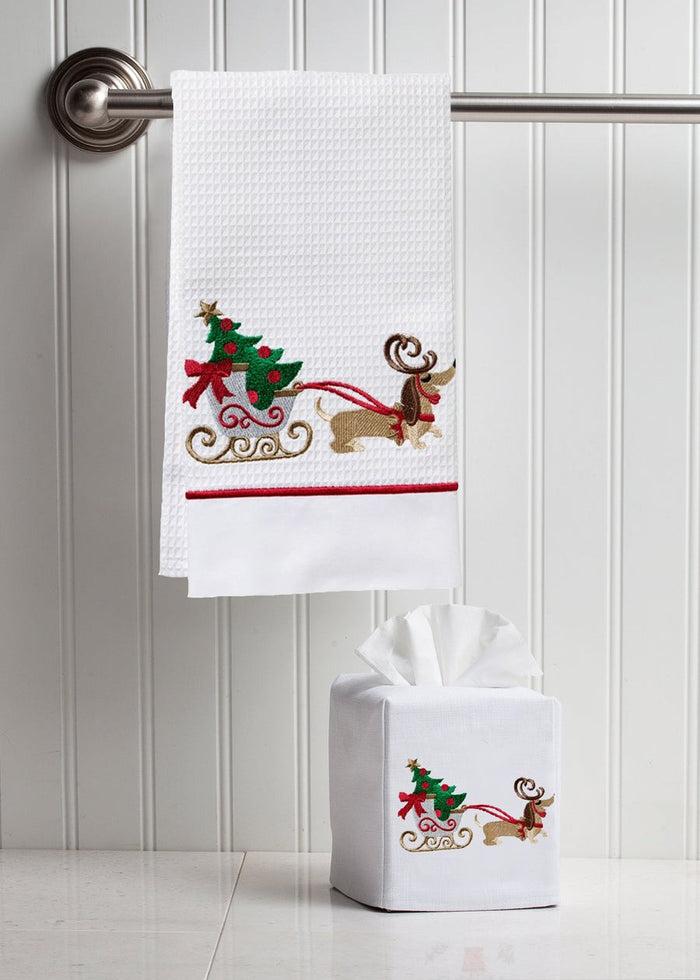 Guest Towel, Waffle Weave & Satin Trim, Christmas Dog Sleigh
