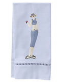 Guest Towel, White Linen/Cotton, Ladder Lace, Wine Workout Girl (Blue)