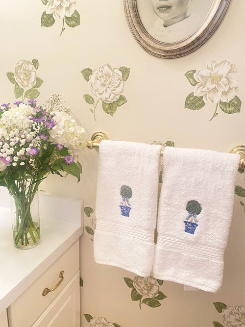 Hand Towel - White Cotton Terry, Embroidered