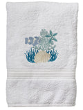 Hand Towel, White Cotton Terry, Under the Sea (Aqua)