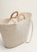 Hand Woven Natural Tote, Ivory with Wooden Handles