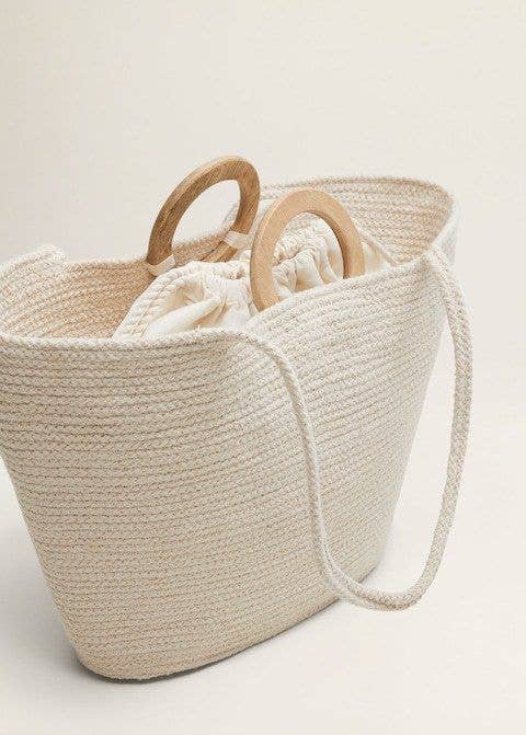 Hand Woven Natural Tote, Ivory with Wooden Handles