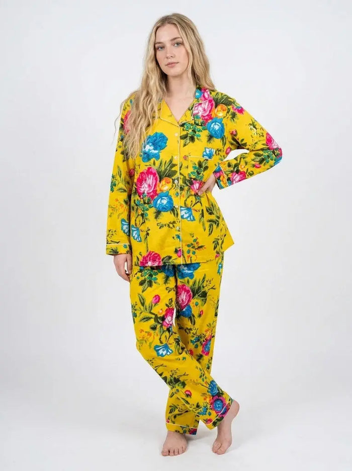 Handicraft Trend Yellow Floral Lightweight Print Pajamas Women Cotton Nightsuit Handicraft Trend