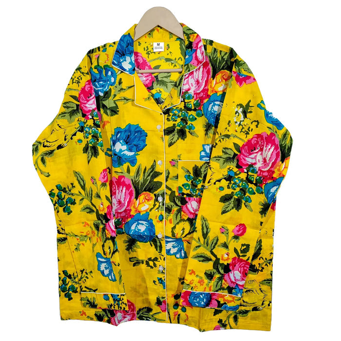 Handicraft Trend Yellow Floral Lightweight Print Pajamas Women Cotton Nightsuit Handicraft Trend