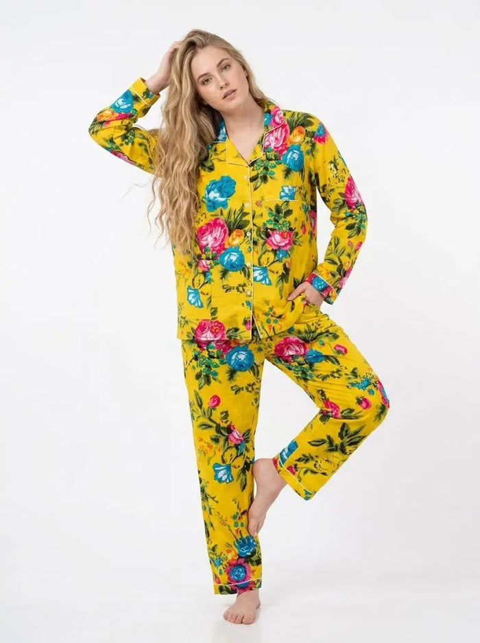 Handicraft Trend Yellow Floral Lightweight Print Pajamas Women Cotton Nightsuit Handicraft Trend