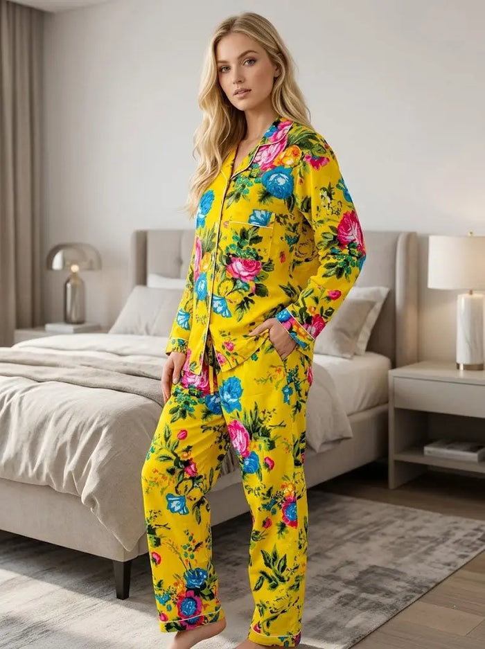 Handicraft Trend Yellow Floral Lightweight Print Pajamas Women Cotton Nightsuit Handicraft Trend