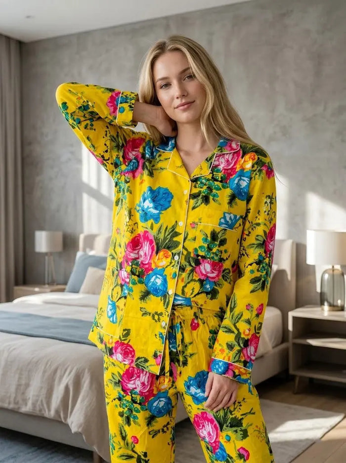 Handicraft Trend Yellow Floral Lightweight Print Pajamas Women Cotton Nightsuit Handicraft Trend