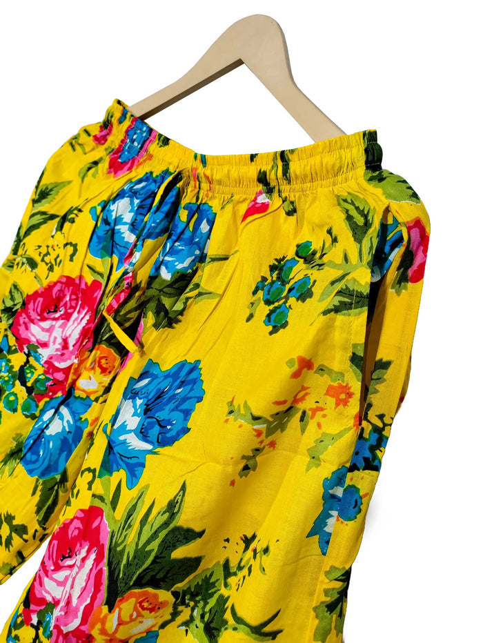 Handicraft Trend Yellow Floral Lightweight Print Pajamas Women Cotton Nightsuit Handicraft Trend
