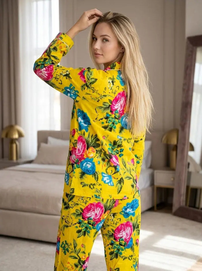 Handicraft Trend Yellow Floral Lightweight Print Pajamas Women Cotton Nightsuit Handicraft Trend