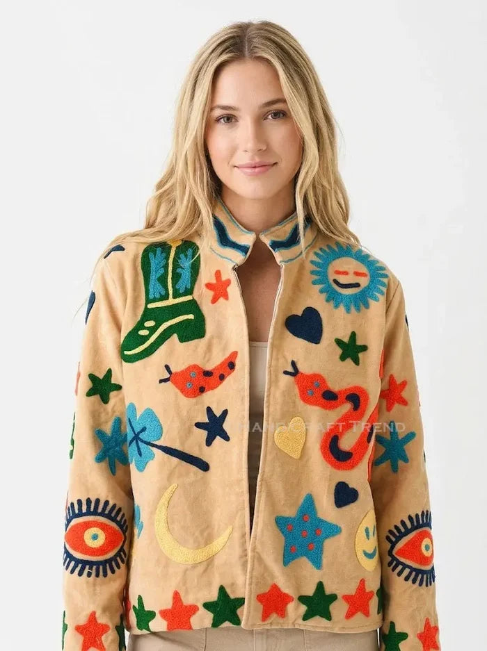 Handmade Suzani Embroidered Snake Mustard Jacket Boho Velvet Front Open Biker West Handicraft Trend
