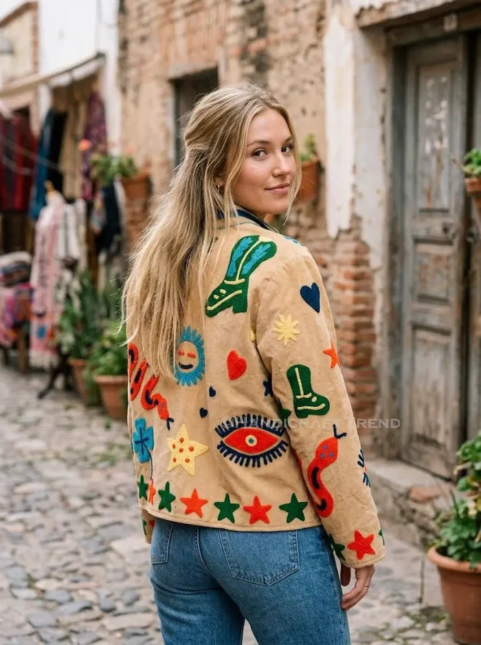 Handmade Suzani Embroidered Snake Mustard Jacket Boho Velvet Front Open Biker West Handicraft Trend