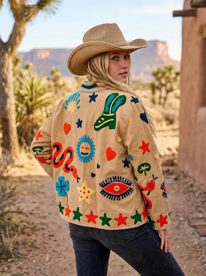 Handmade Suzani Embroidered Snake Mustard Jacket Boho Velvet Front Open Biker West Handicraft Trend