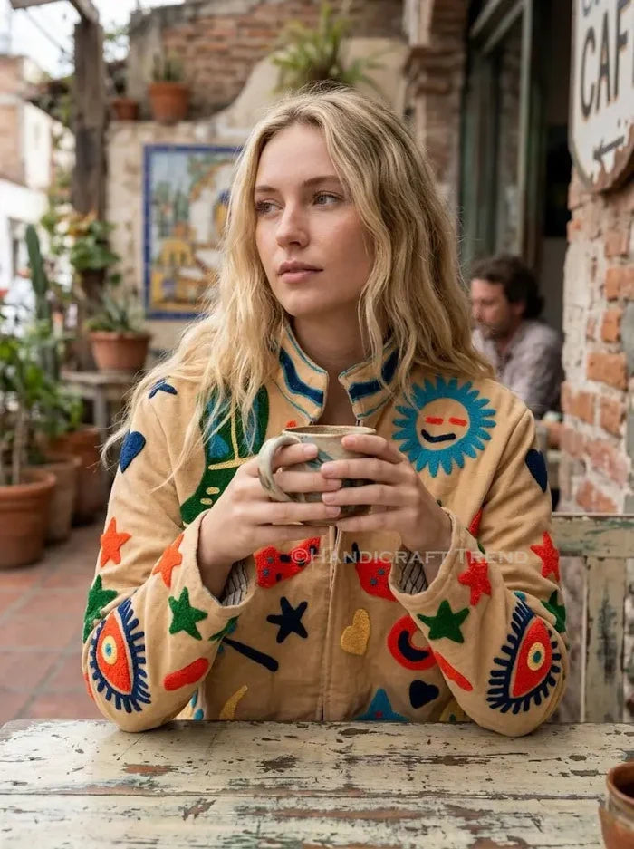 Handmade Suzani Embroidered Snake Mustard Jacket Boho Velvet Front Open Biker West Handicraft Trend