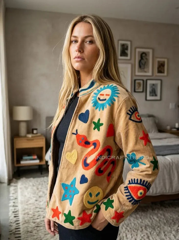 Handmade Suzani Embroidered Snake Mustard Jacket Boho Velvet Front Open Biker West Handicraft Trend