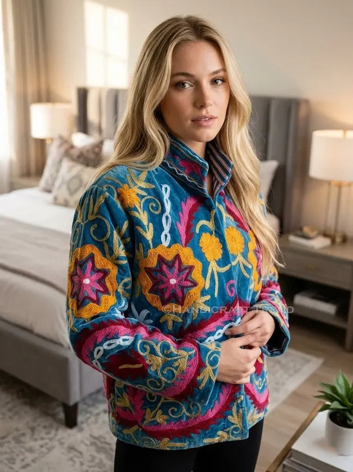 Handmade Women Floral Suzani Velvet Jacket Blue Bohemian Embroidered Blazer Handicraft Trend