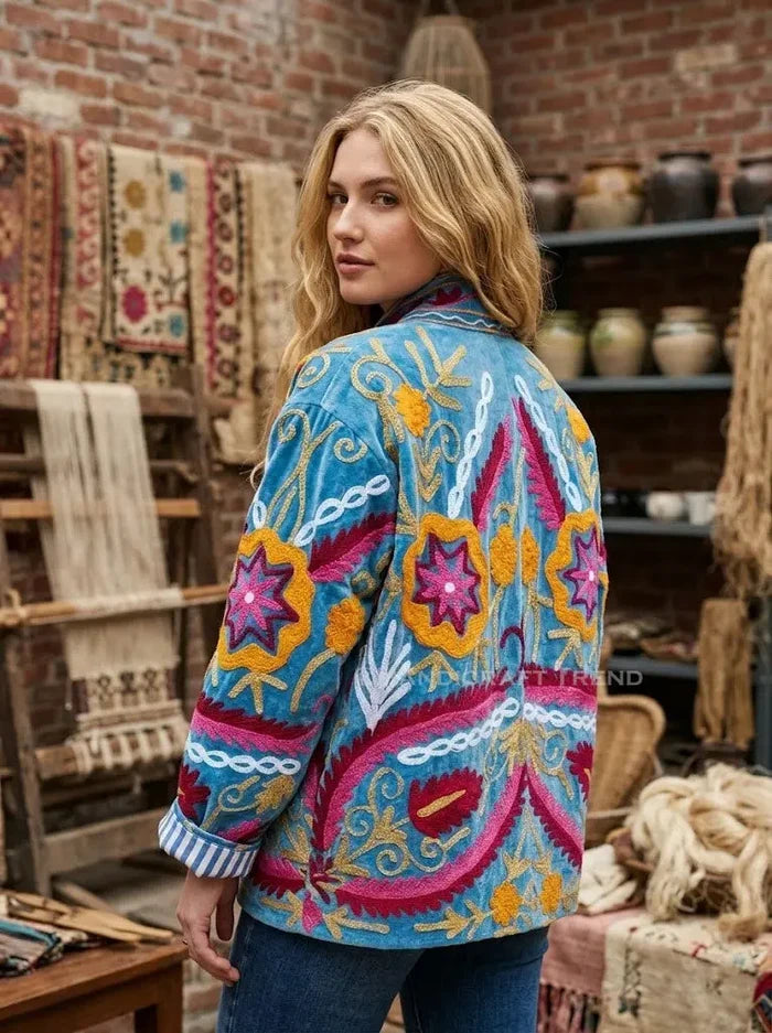 Handmade Women Floral Suzani Velvet Jacket Blue Bohemian Embroidered Blazer Handicraft Trend