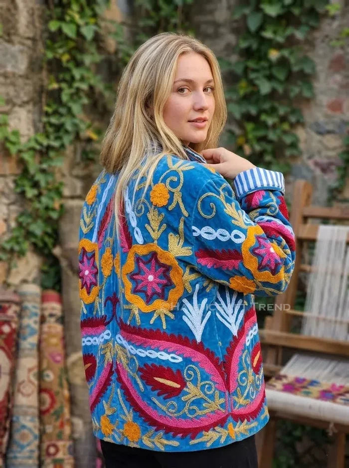 Handmade Women Floral Suzani Velvet Jacket Blue Bohemian Embroidered Blazer Handicraft Trend