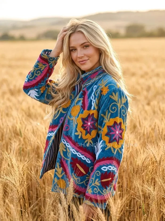 Handmade Women Floral Suzani Velvet Jacket Blue Bohemian Embroidered Blazer Handicraft Trend
