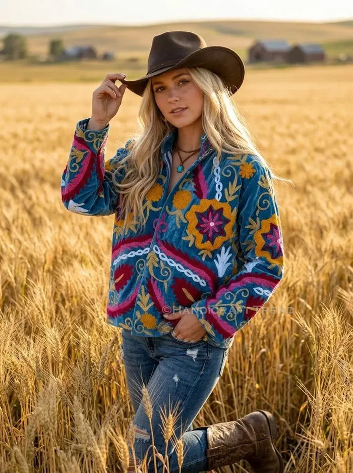 Handmade Women Floral Suzani Velvet Jacket Blue Bohemian Embroidered Blazer Handicraft Trend