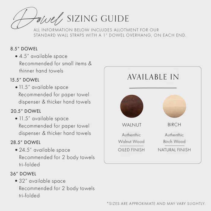 Keyaiira leather strap wall rail sizing guide showing dowel diameter options and finish choices — modern leather and wood wall organizer system reference.