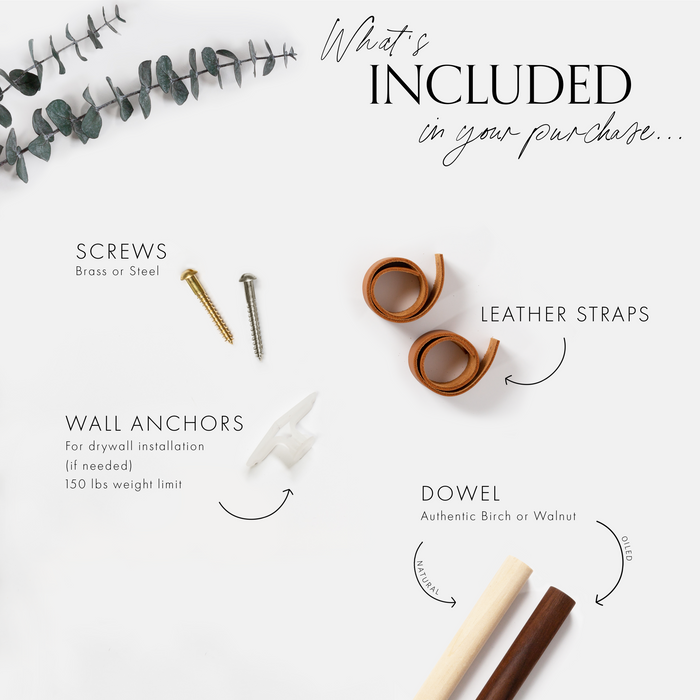 Keyaiira leather strap and dowel kit including screws, wall anchors, leather straps, and wood rod — complete modern wall rail hardware set.