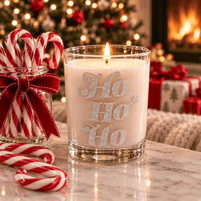 HO HO HO Candy Cane 10oz Candle in DOF Glass