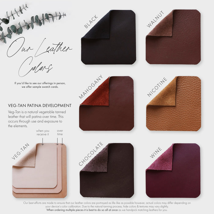 Keyaiira leather color chart showing six vegetable-tanned leather swatches in black, walnut, mahogany, nicotine, chocolate, and wine tones. Includes note on natural patina development and sample swatch card options.
