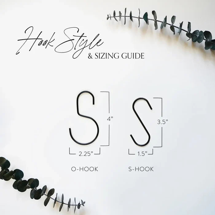 Hook style guide showing brass and steel S-hooks — interchangeable metal hook options designed for leather loop wall systems.