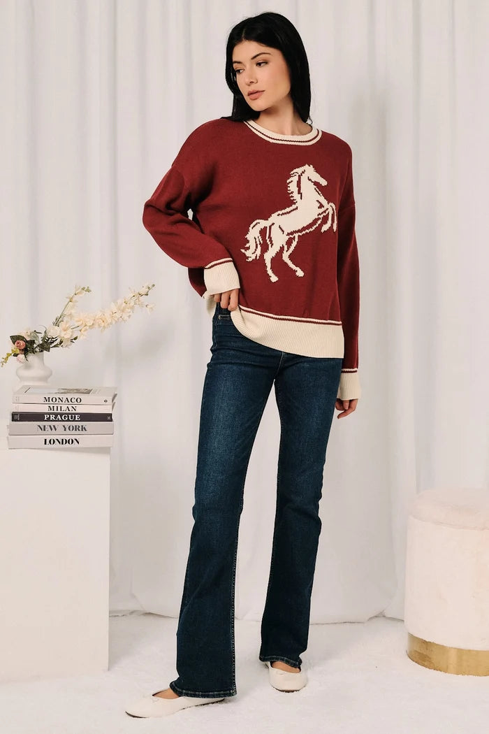 Horse Graphic Contrast Trim Knit Sweater