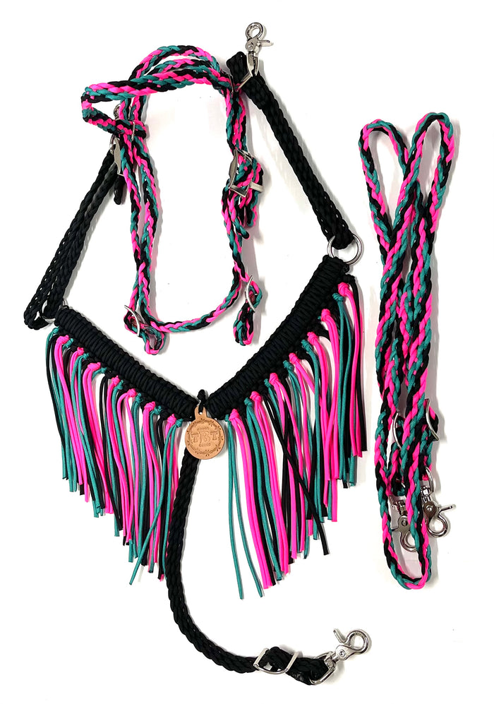Hot pink, green turquoise, and black horse or pony Tack set - Tiffanys Braided Tack LLC