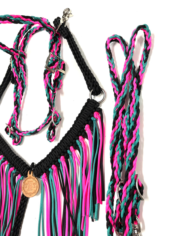 Hot pink, green turquoise, and black horse or pony Tack set - Tiffanys Braided Tack LLC