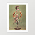 Surreal retro art print — a headless 1960s fashion model blowing a pink bubblegum bubble, her body replaced by a silver pedestal vase overflowing with roses, peonies and wildflowers in blush and cream, coquette floral wall art by Vertigo Artography