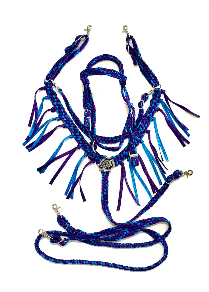 horse mule tape tack set,  (fringe breast collar, wither strap, reins, and bridle) - Tiffanys Braided Tack LLC