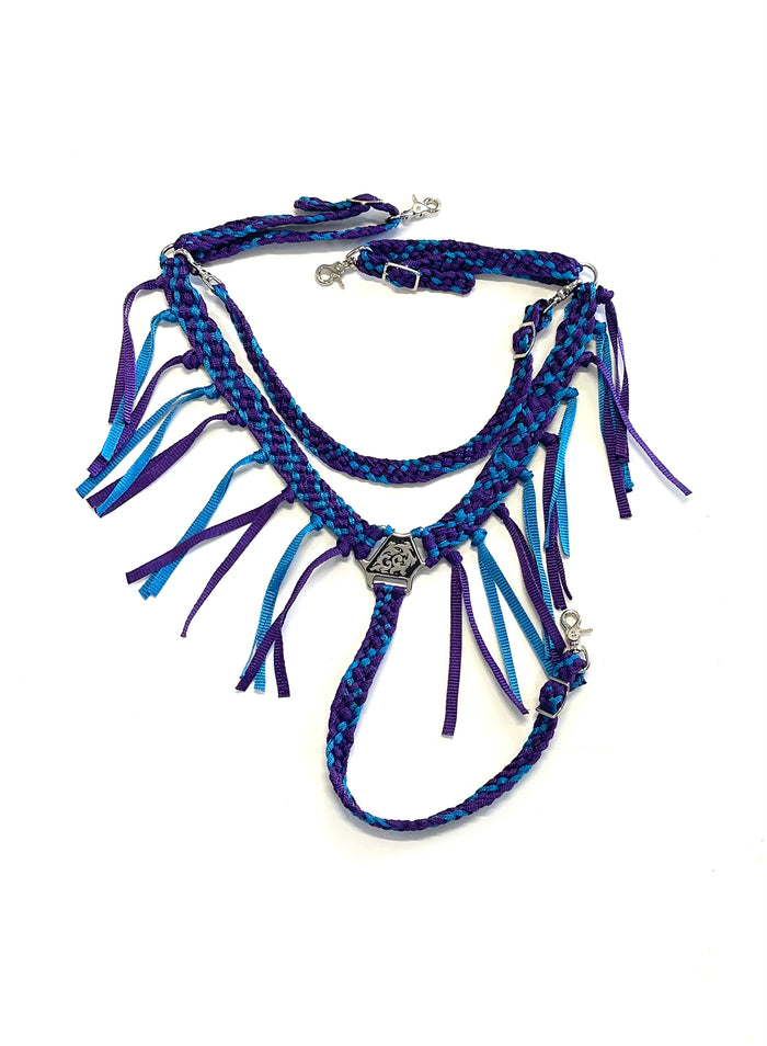 Average horse breast collar mule tape  blue and purple - Tiffanys Braided Tack LLC
