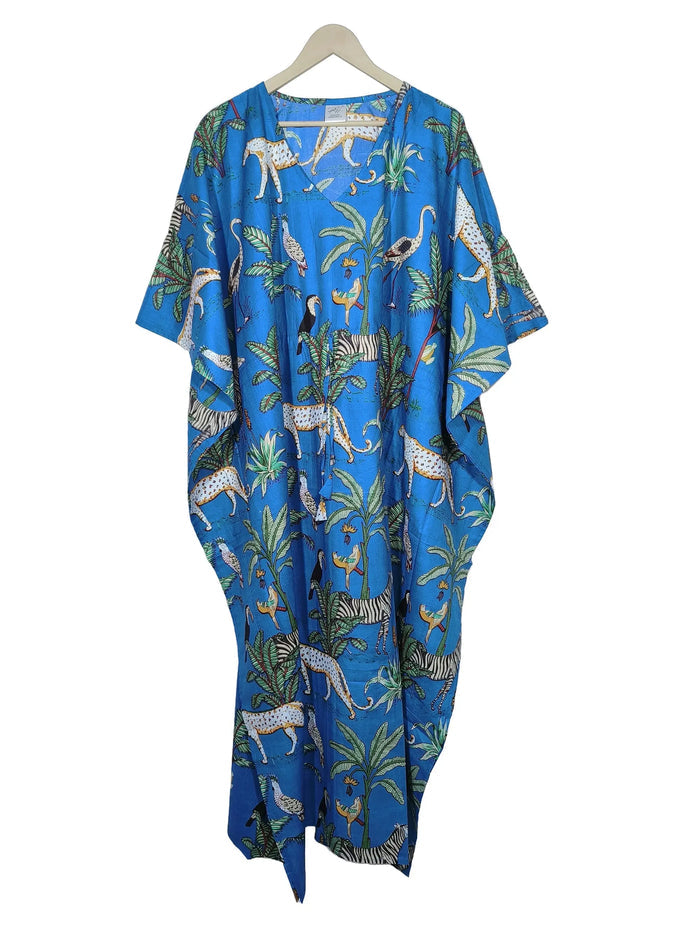 Indian Animal Print 100% Cotton Blue Maxi Lightweight Sleepwear Caftan Dress Handicraft Trend
