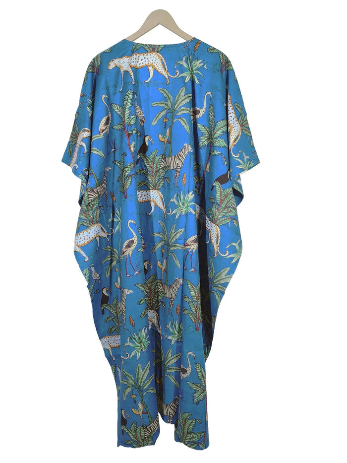 Indian Animal Print 100% Cotton Blue Maxi Lightweight Sleepwear Caftan Dress Handicraft Trend