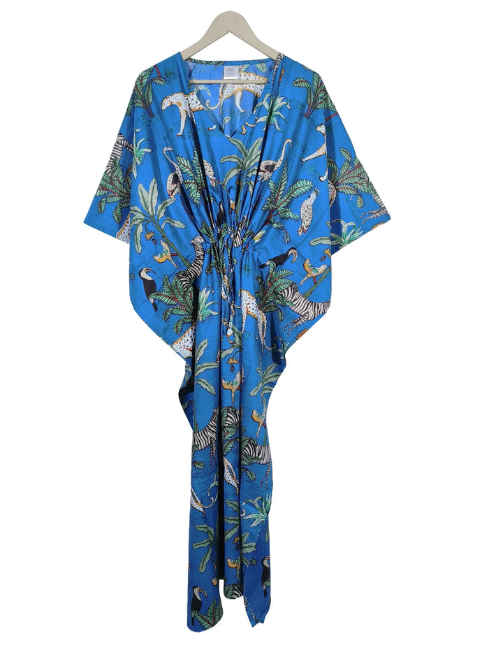 Indian Animal Print 100% Cotton Blue Maxi Lightweight Sleepwear Caftan Dress Handicraft Trend