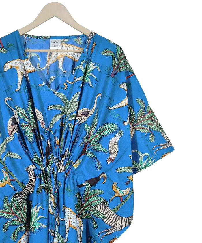 Indian Animal Print 100% Cotton Blue Maxi Lightweight Sleepwear Caftan Dress Handicraft Trend