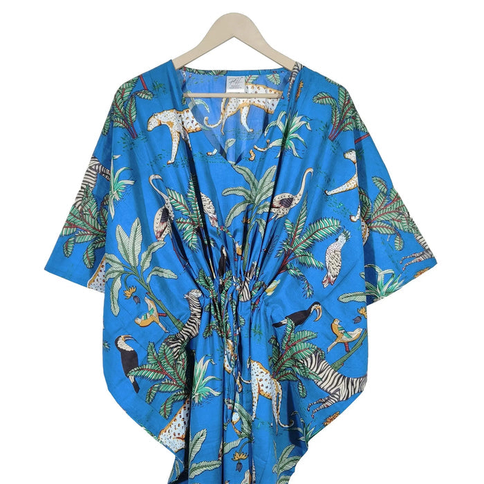 Indian Animal Print 100% Cotton Blue Maxi Lightweight Sleepwear Caftan Dress Handicraft Trend