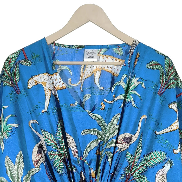 Indian Animal Print 100% Cotton Blue Maxi Lightweight Sleepwear Caftan Dress Handicraft Trend