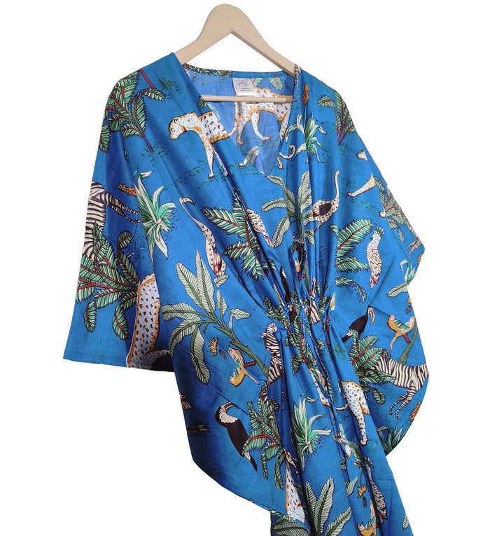 Indian Animal Print 100% Cotton Blue Maxi Lightweight Sleepwear Caftan Dress Handicraft Trend