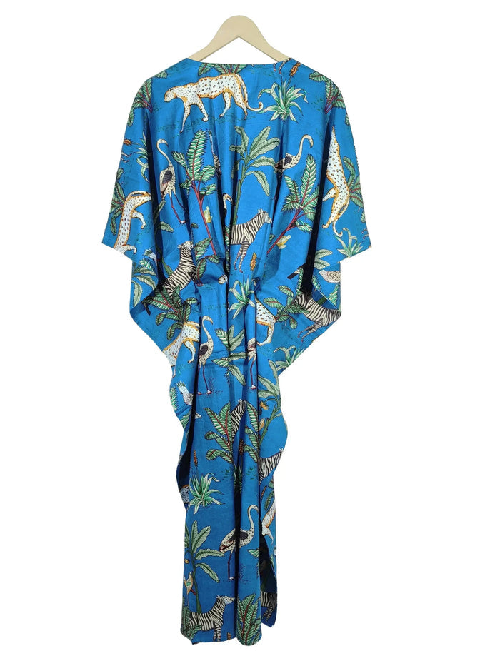 Indian Animal Print 100% Cotton Blue Maxi Lightweight Sleepwear Caftan Dress Handicraft Trend